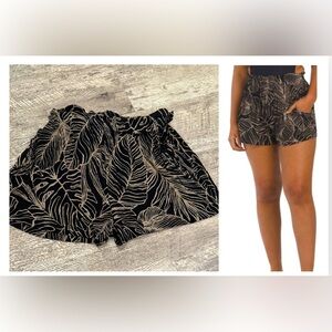 Elan Banana Leaf Print Paper Bag Black and Cream High Waist Women Shorts NWOT